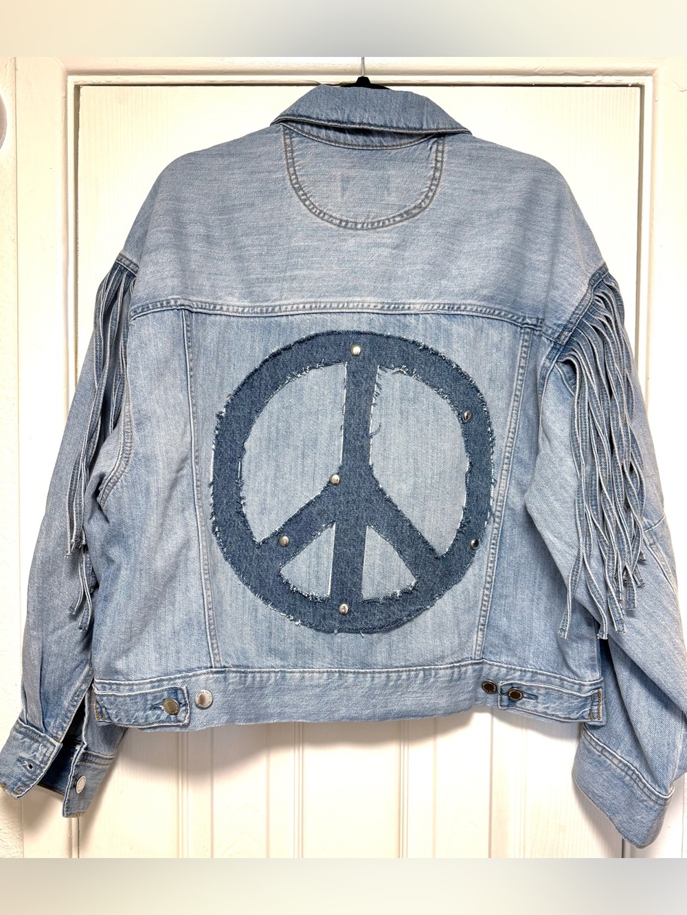 Light Wash Denim Fringe Jacket with Peace Sign